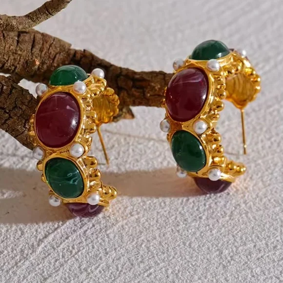 Gemstone Hoop Earrings PVD Gold Plated Stainless Steel with Pearls Natural Stone - Picture 7 of 14